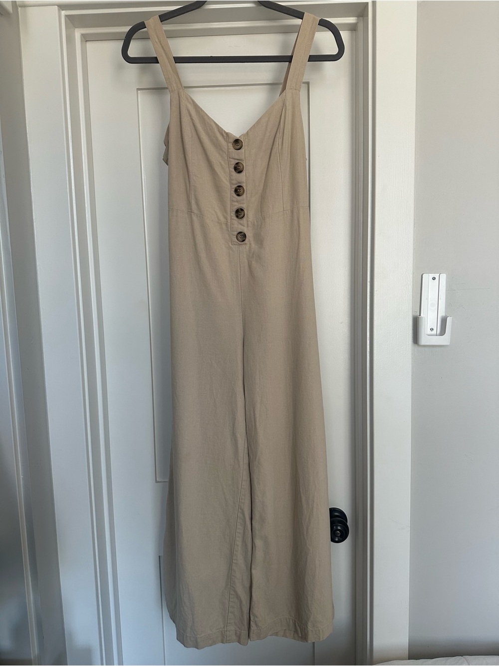 Promesa Beige Button-Front Wide-Leg Jumpsuit